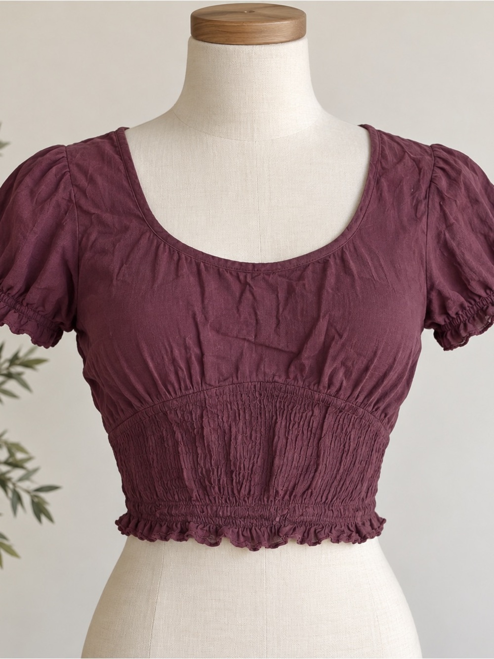 Smocked Wine Short-Sleeve Crop Top